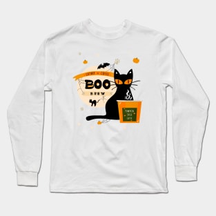 Boo Brew Halloween Cat Pumpkin Spice Coffee Latte Cup Long Sleeve T-Shirt